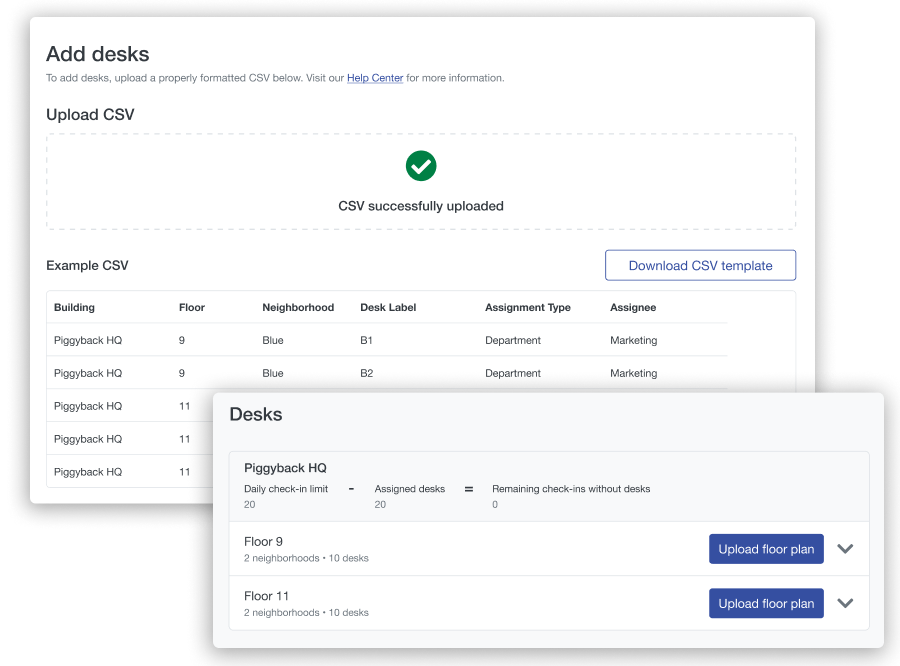 Screenshot of Scoop's customer dashboard depicting the ability to upload a CSV of desks and upload companion floor plans.