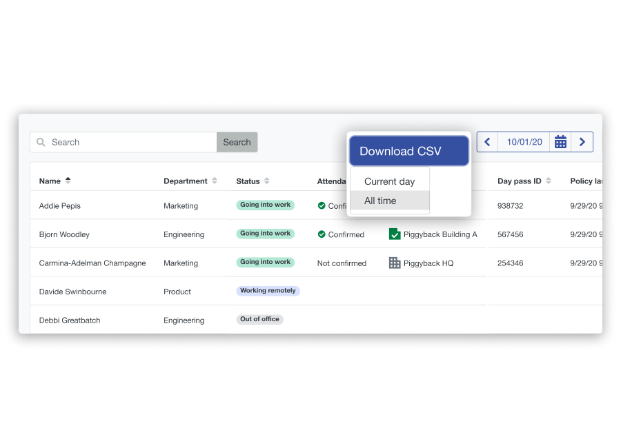 Screenshot of Scoop's customer dashboard enabling users to download all historical attendance data.