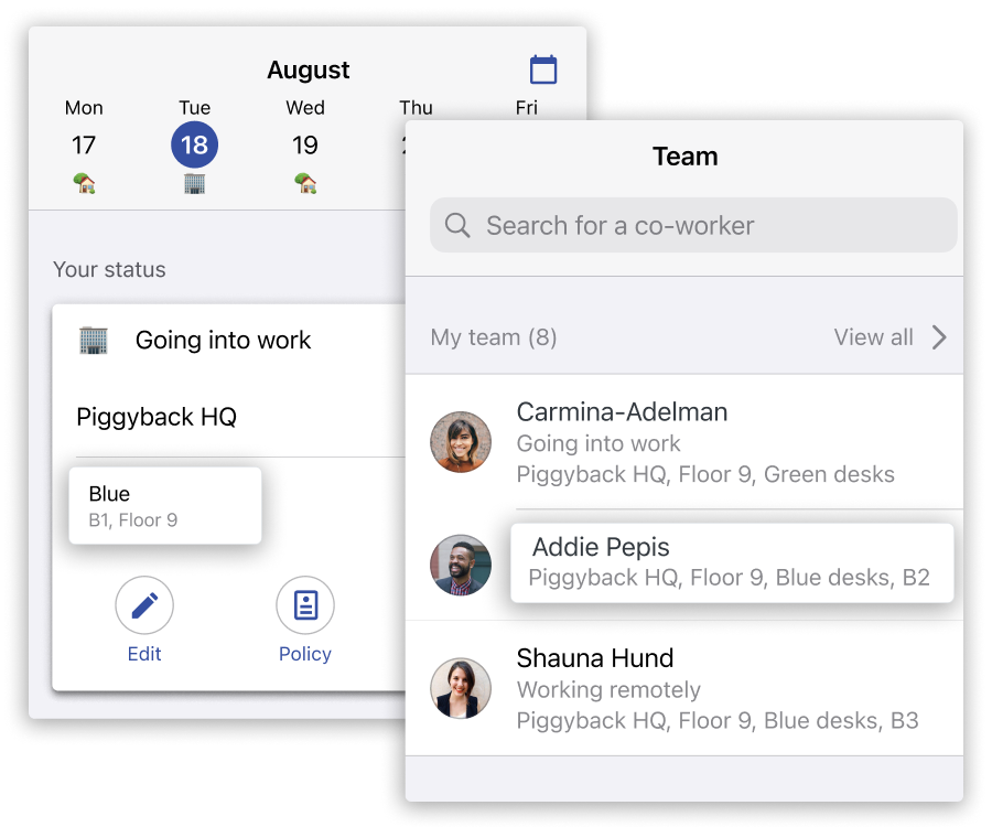 Screenshot of Scoop's mobile apps enabling employees to select a seat near where other employees have booked their desks.
