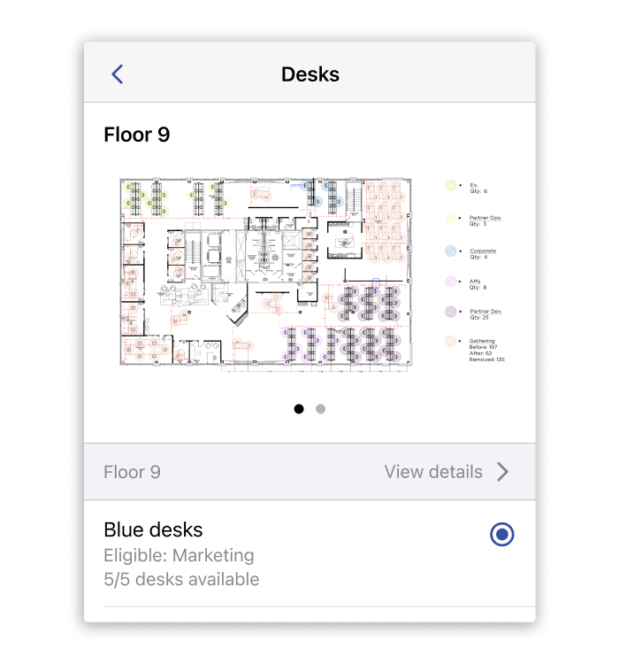 Screenshot of Scoop's mobile app enabling employees to see the floor plan when booking their desk.