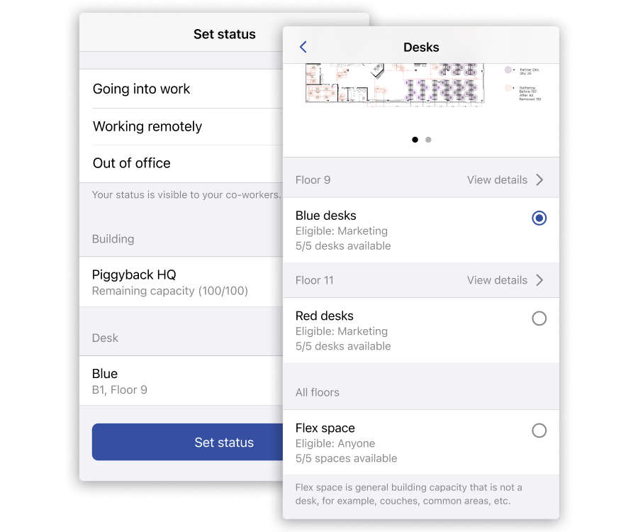 Screenshot of Scoop's mobile application enabling employees to browse eligible desks when deciding to come into the workplace.