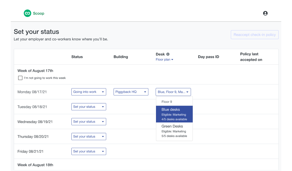 Screenshot of Scoop's web extension enabling employees to select a desk for when they are coming into the workplace.