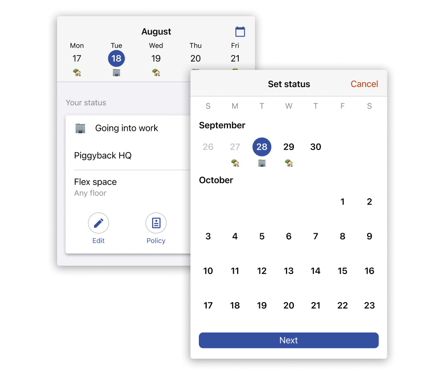 Screenshot of Scoop's mobile experience for scheduling work location in advance.