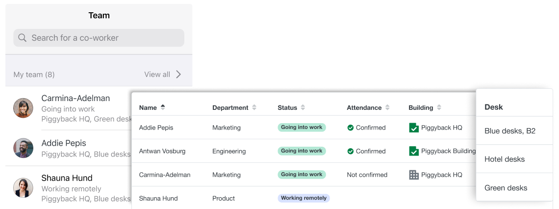 Screenshot of Scoop's interfaces for identifying where an employee is sitting.