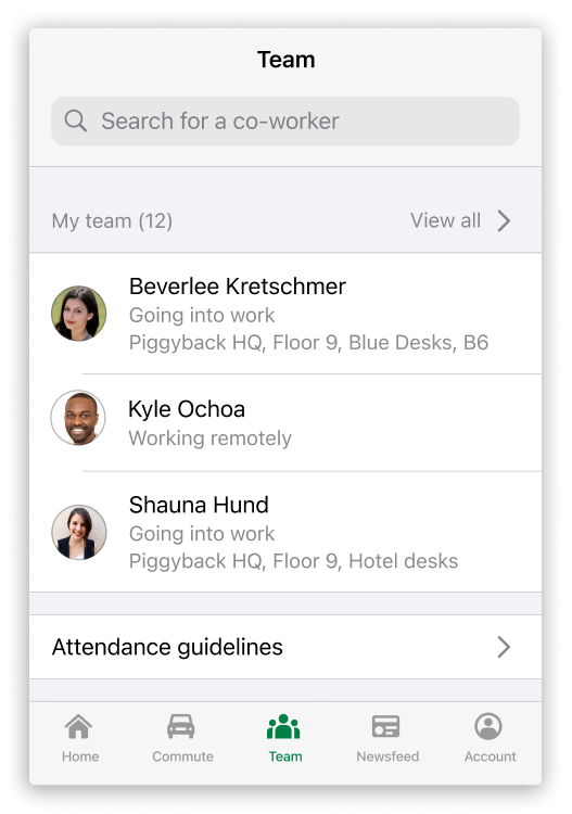 Screenshot of Scoop's mobile application enabling users to find specific co-workers that are going into the office.