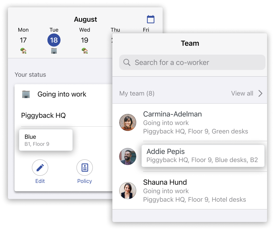 Screenshot of Scoop's mobile experience enabling someone to select a desk while referencing other employees' desk locations.