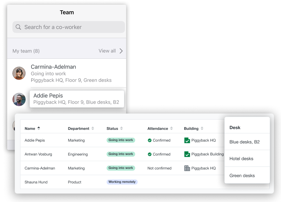 Screenshots of Scoop's customer and employee facing applications enabling users to locate a specific employee's desk location.