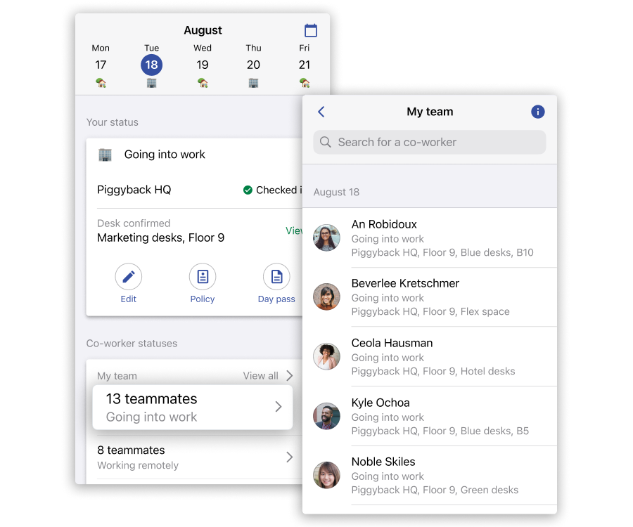 Screenshot of Scoop's mobile app with ability to see which co-workers are coming to the workplace on a given day.