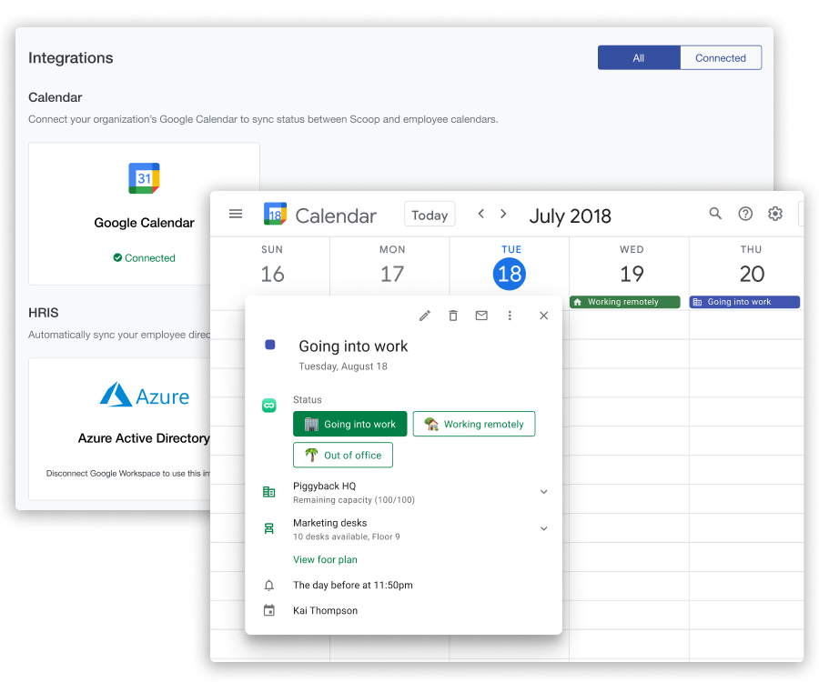 Screenshot of Scoop's integration with Google Calendar to enable synchronization of Scoop work location status with calendars.