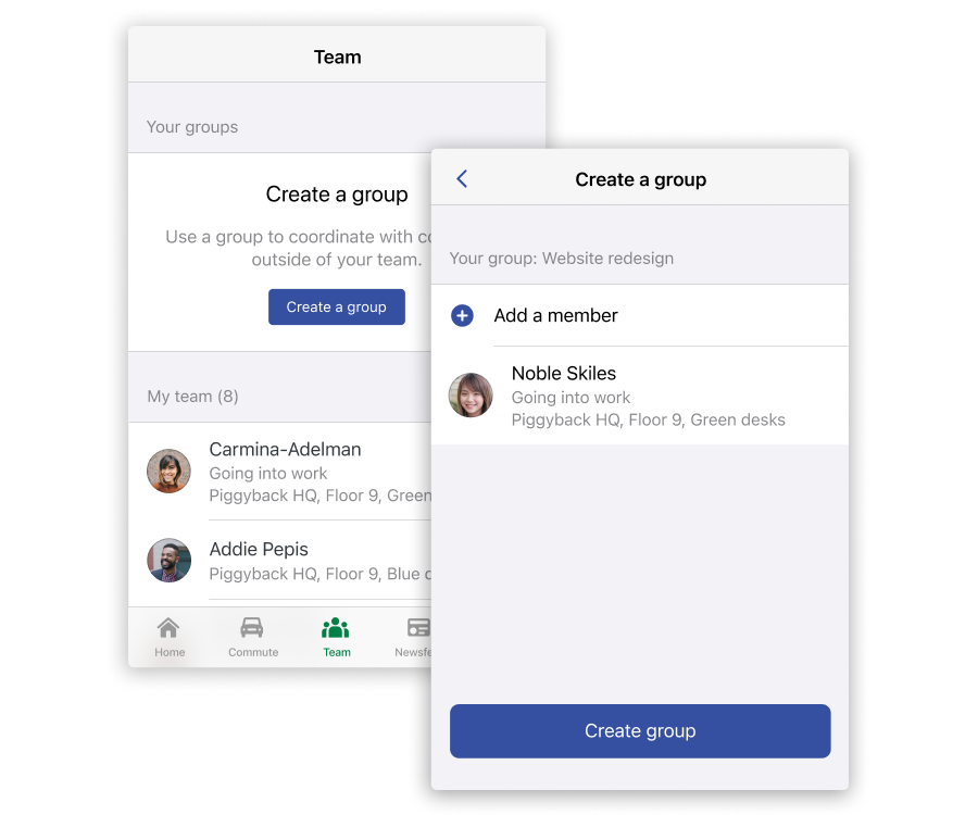 Screenshot of Scoop's mobile app enabling employees to create custom groups to coordinate time in the workplace.