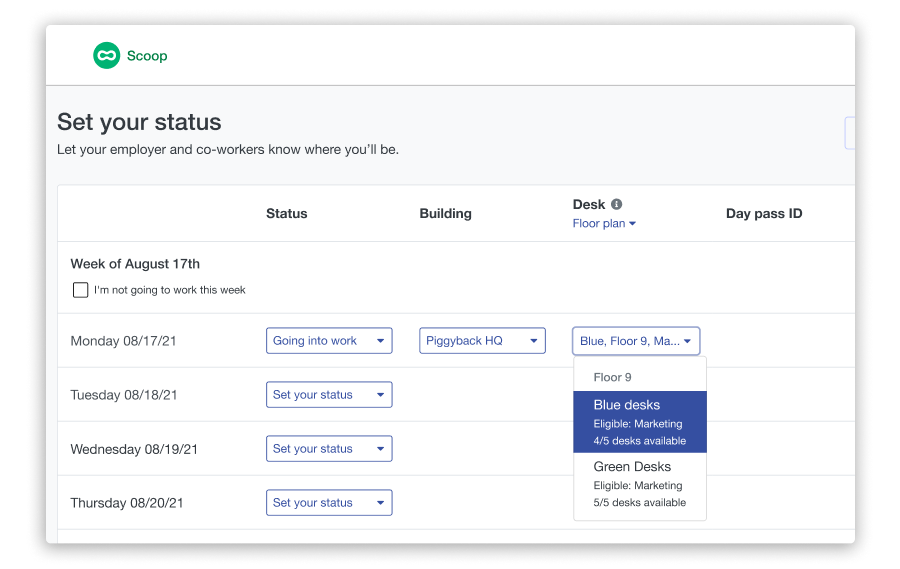 Screenshot of Scoop's desktop extension that enables setting work location status and desk selection for employees.