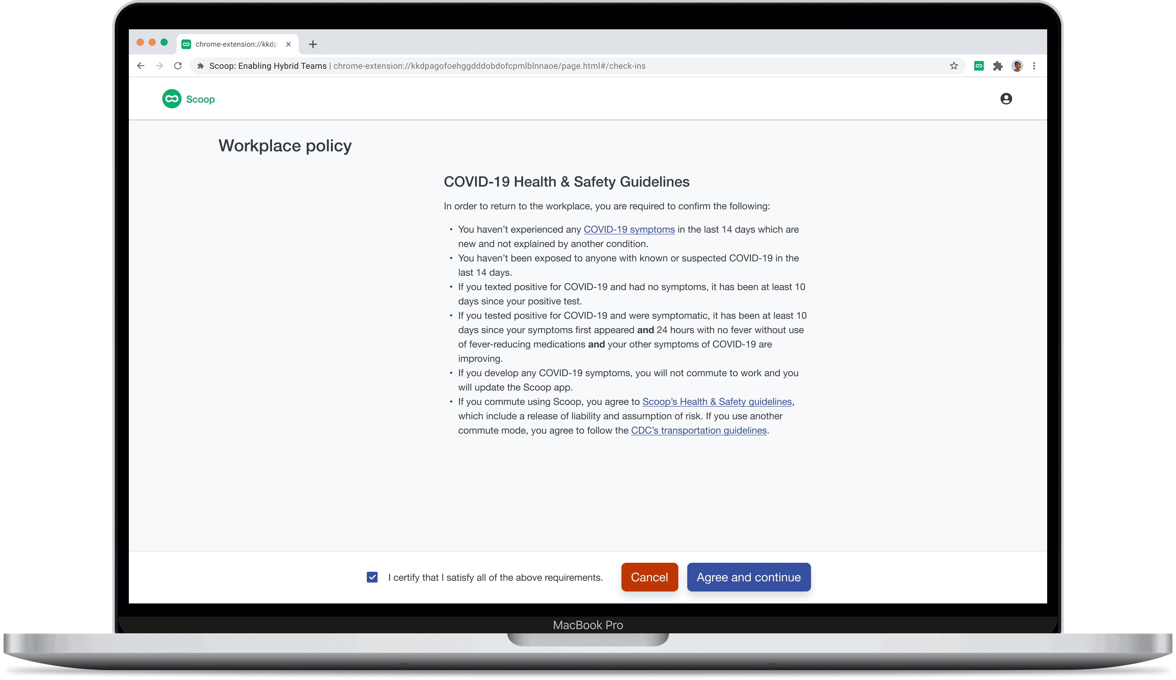 Screenshot of the Scoop Desktop extension where employees can view and accept custom guidelines when indicating they are planning to come into the workplace.