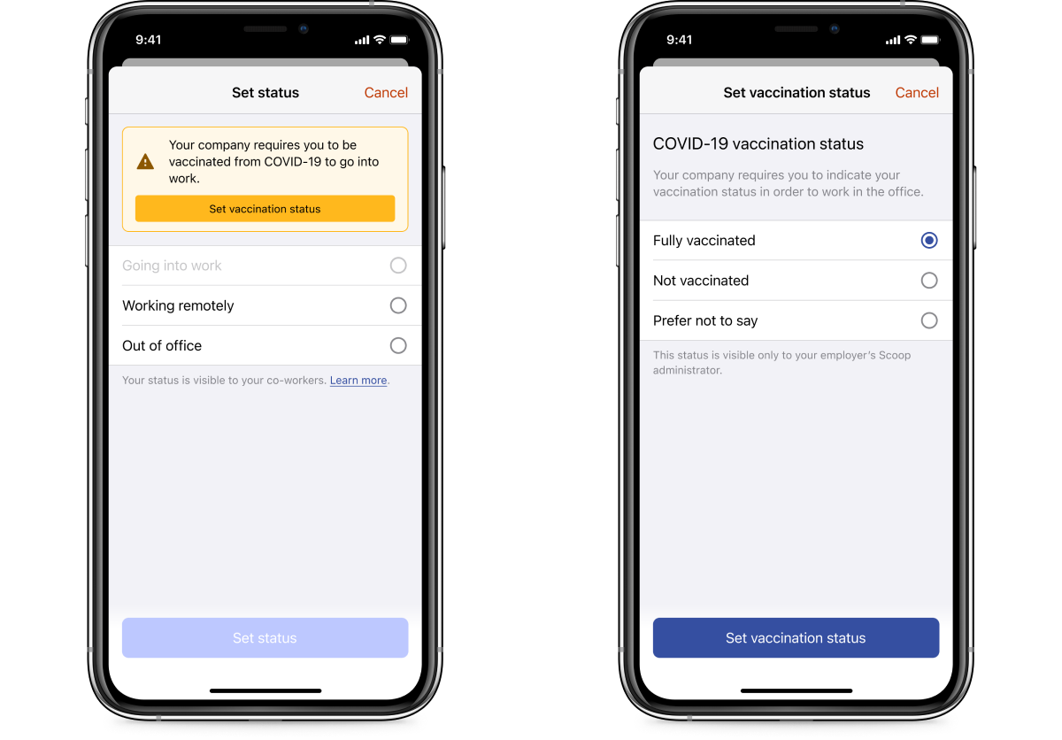 A screenshot of the Scoop app experience where you can prompt employees to add or update their vaccination status securely in the Scoop app, even if not requiring vaccination to come to the workplace.