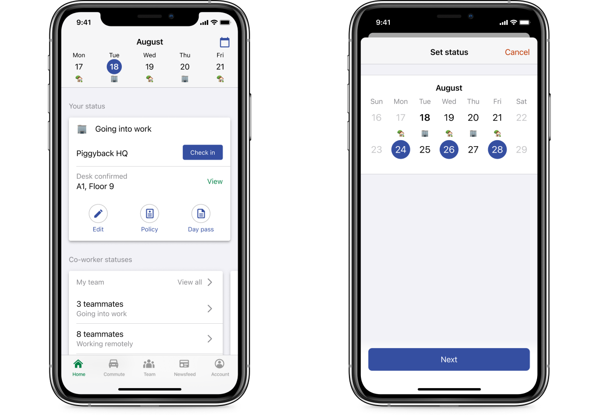 Screenshots of Scoop's employee check-in experience with daily and bulk status setting.