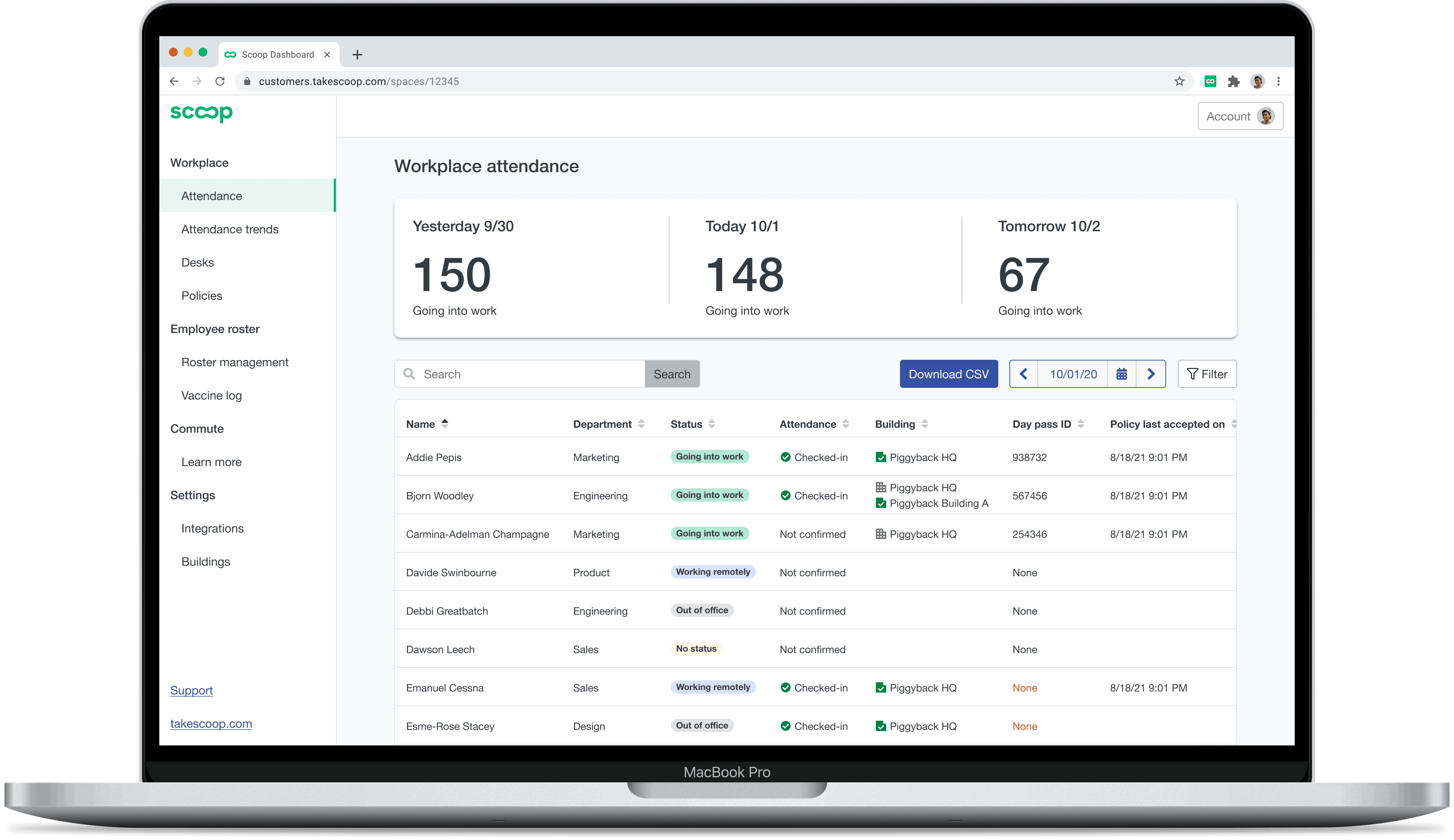 A screenshot of the Scoop attendance table where you can break down employee attendance data by status, building and/or by confirmed attendance, so you can hone in on what matters most at your workplace.