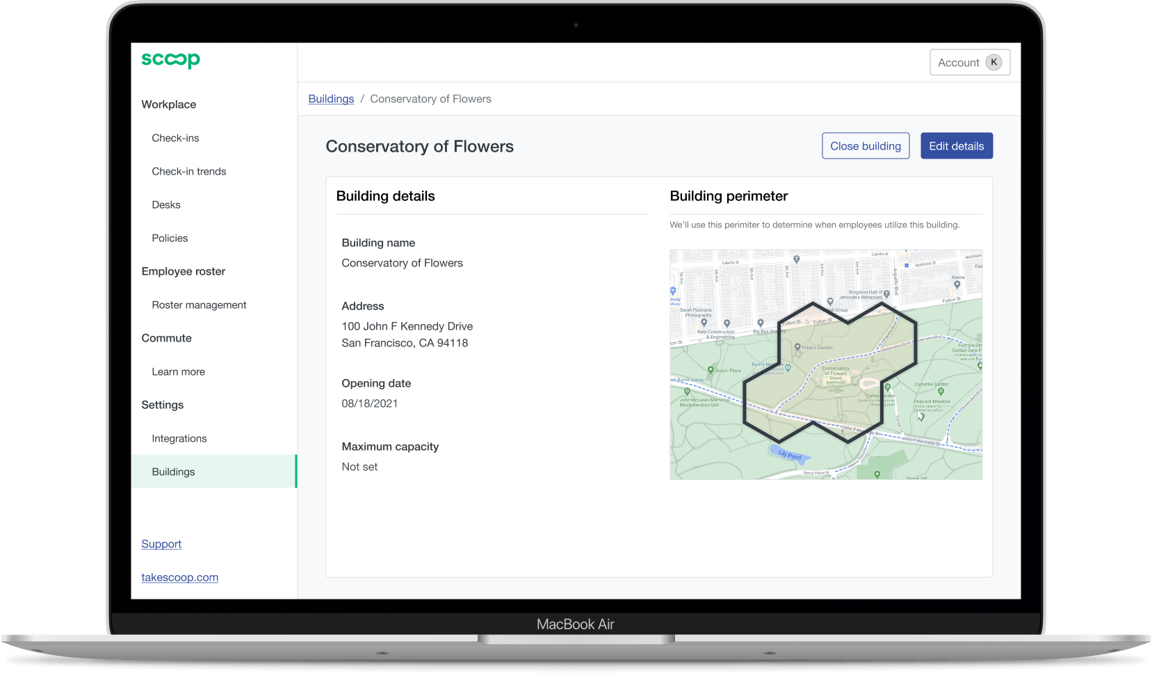 A screenshot of the Scoop dashboard where employers can set building capacity to restrict workplace attendance.