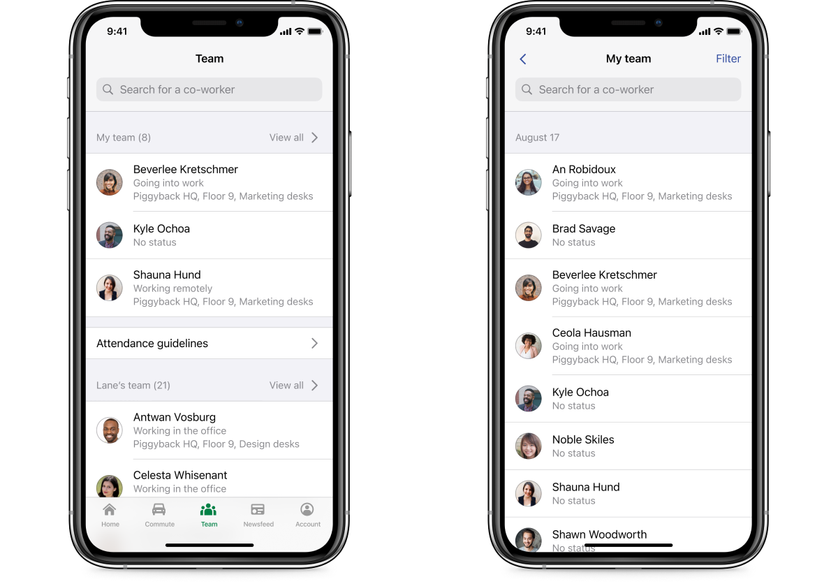 A side-by-side screenshot of the Scoop teams tab experience, with automatically created team views that show which coworkers are going to the workplace on a given day.