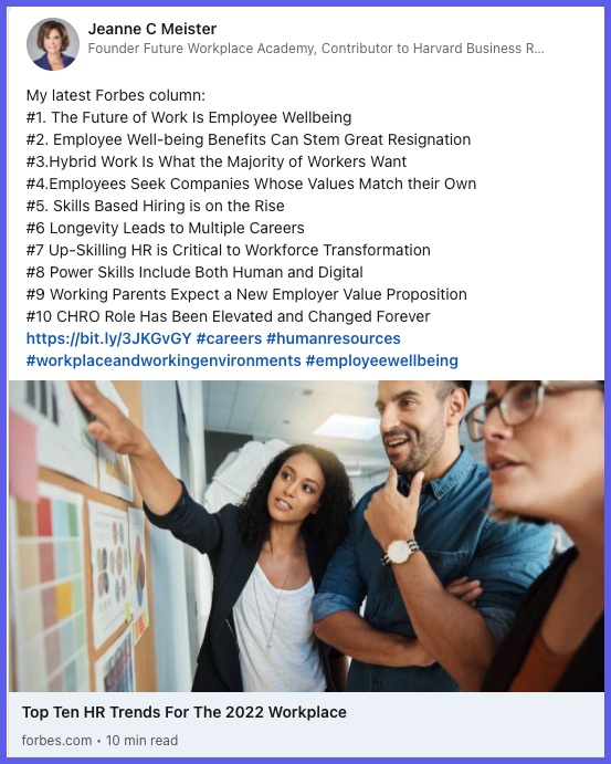 LinkedIn post by HR influencer Jeanne Meister