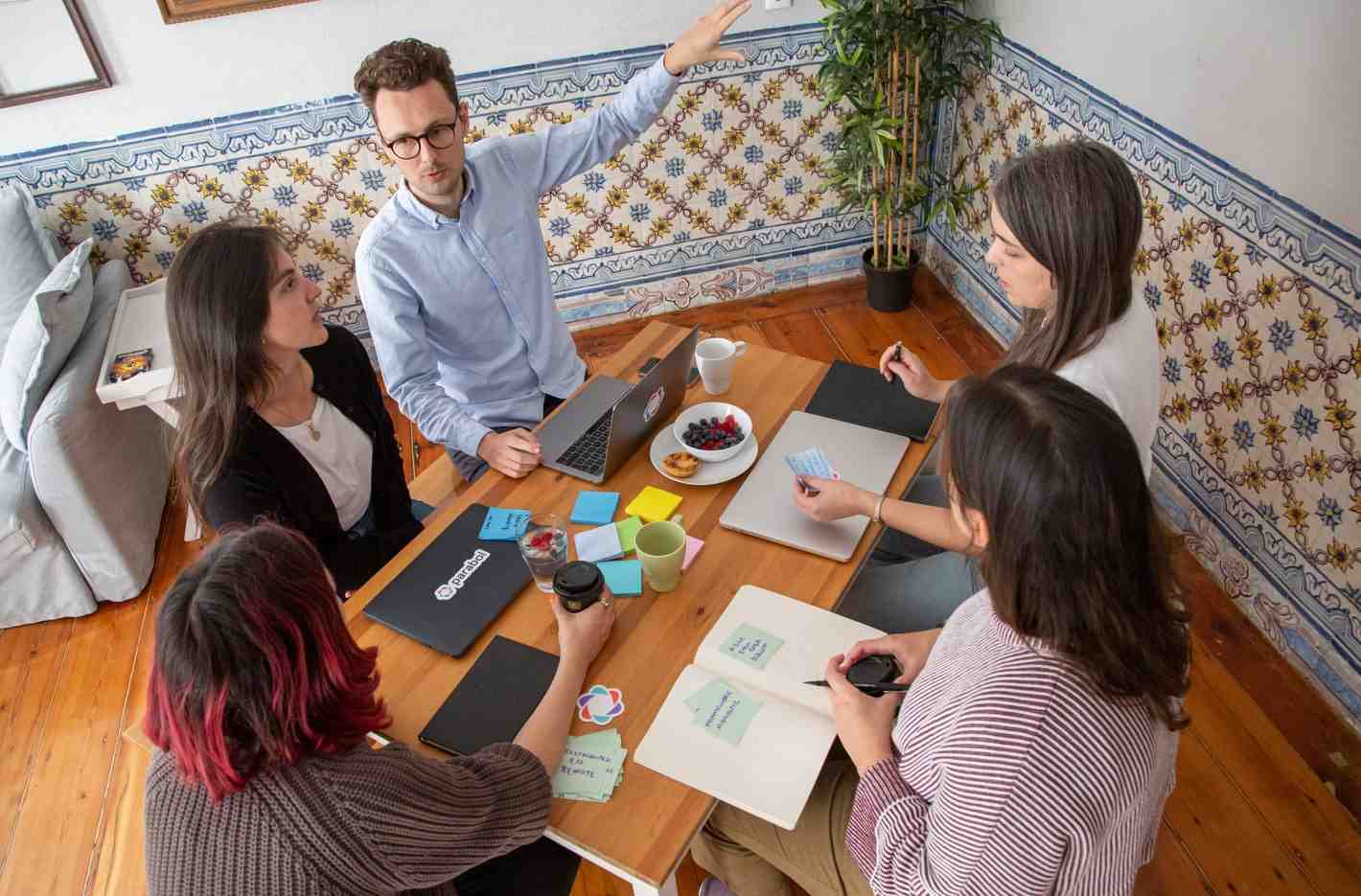 Photo of a team of five people having a work meeting