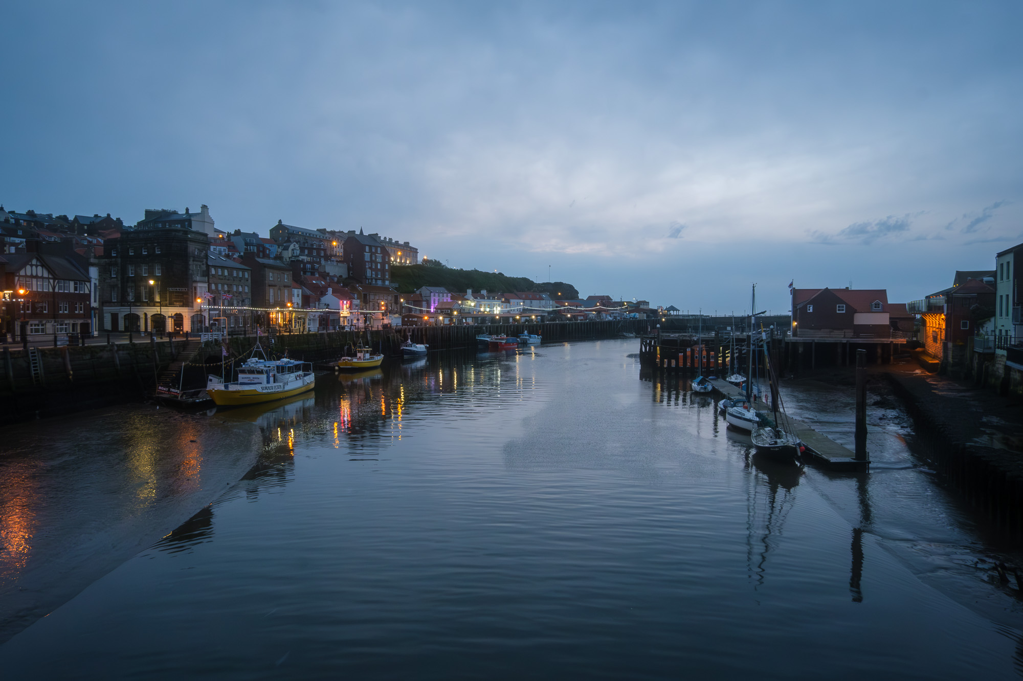 Whitby at dusk photographed with a black mist filter