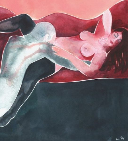 Tina Maria Elena Bak is Danish-French artist based in Denmark, who specializes in sensual watercolors on paper. A self-taught painter, she started working with erotic themes in 2015 and has never looked back.