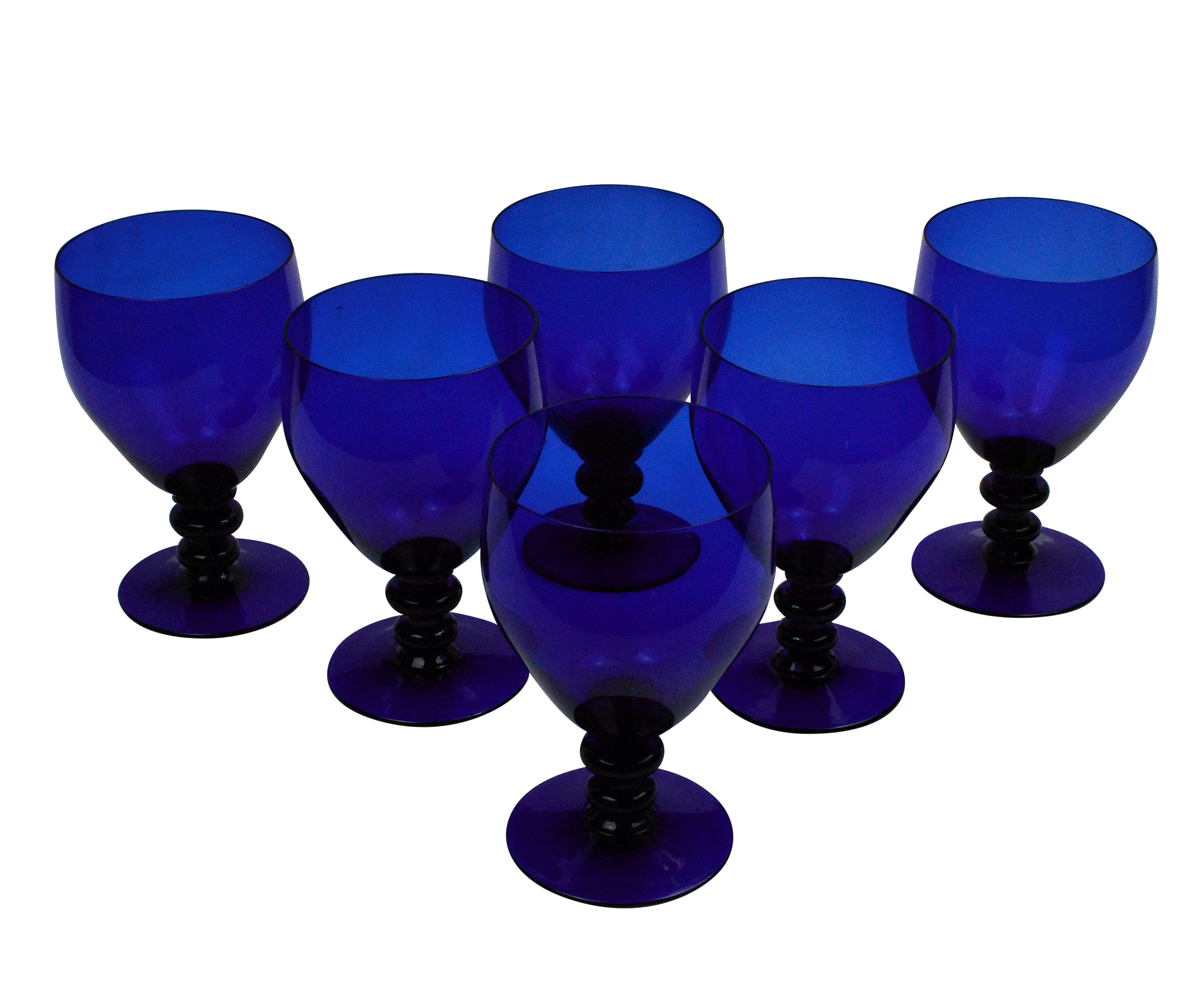 A SET OF SIX ENGLISH BRISTOL BLUE WINE GOBLETS