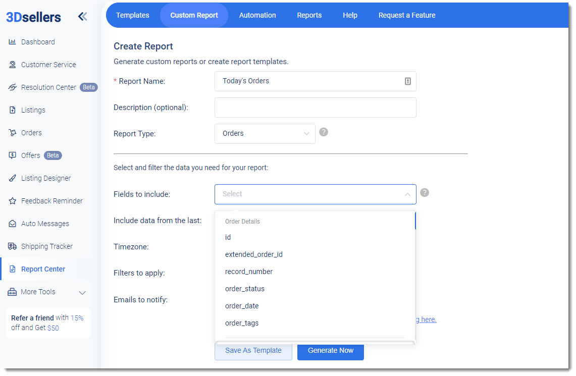 custom CSV eBay orders report settings