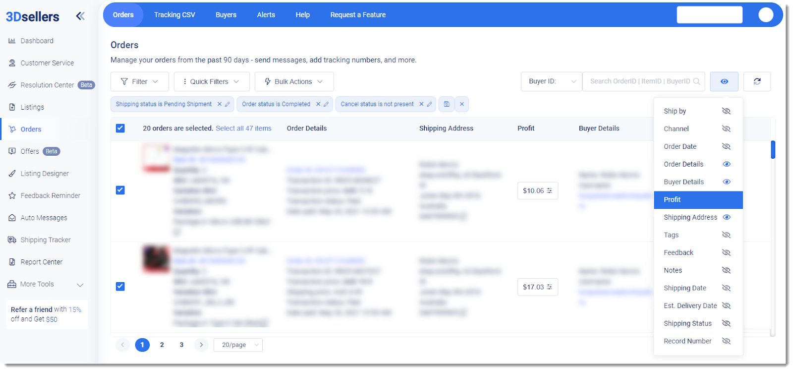 3Dsellers orders manager tool dashboard