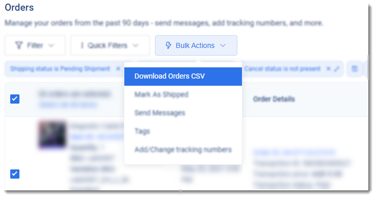 bulk action to download eBay orders via csv