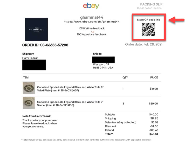 eBay Packing Slip QR code screenshot of video by Harry Temkin