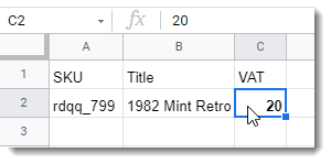 CSV file showing VAT tax percent and field for eBay Listings Import with 3Dsellers eBay Listings Manager