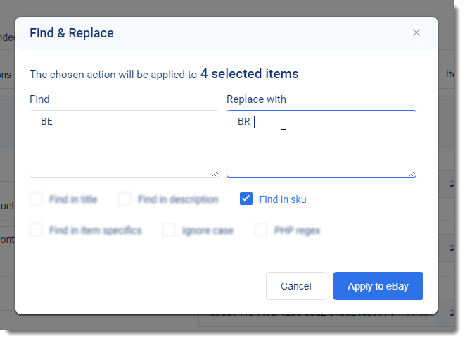 3Dsellers Find and Replace eBay SKUs feature settings