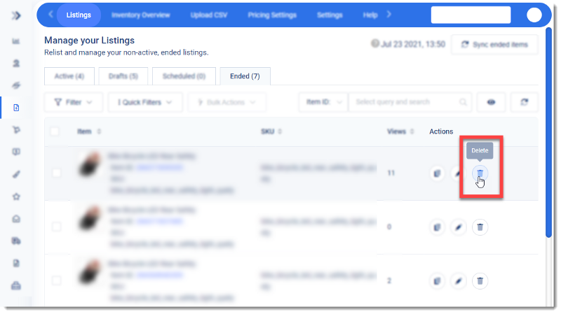Delete button for Ended eBay listings in 3Dsellers eBay Listings Manager