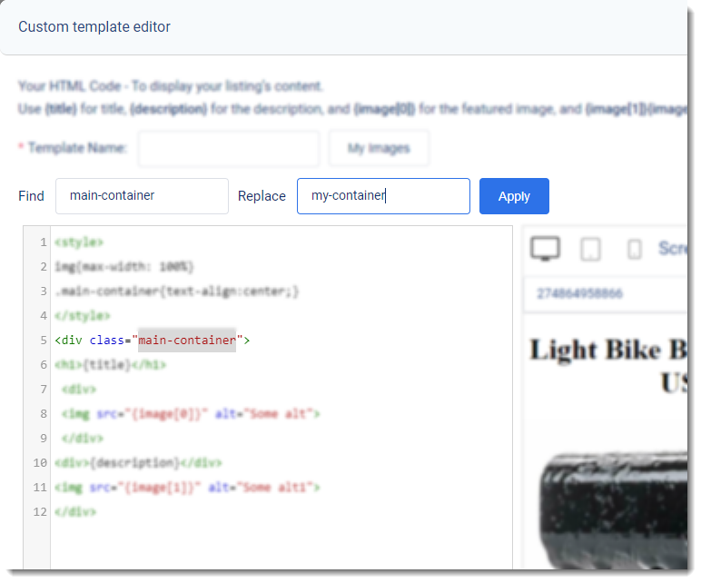 Screenshot of 3Dsellers eBay Listing Designer’s Custom HTML Editor highlighting the Find and Replace feature