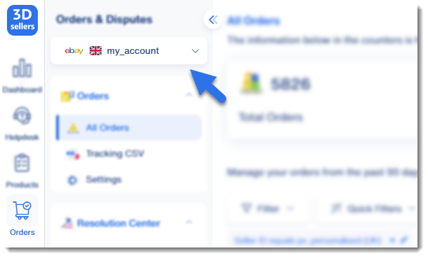 Arrow pointing to "Change account" menu in 3Dsellers eBay software and eCommerce Tools Platform