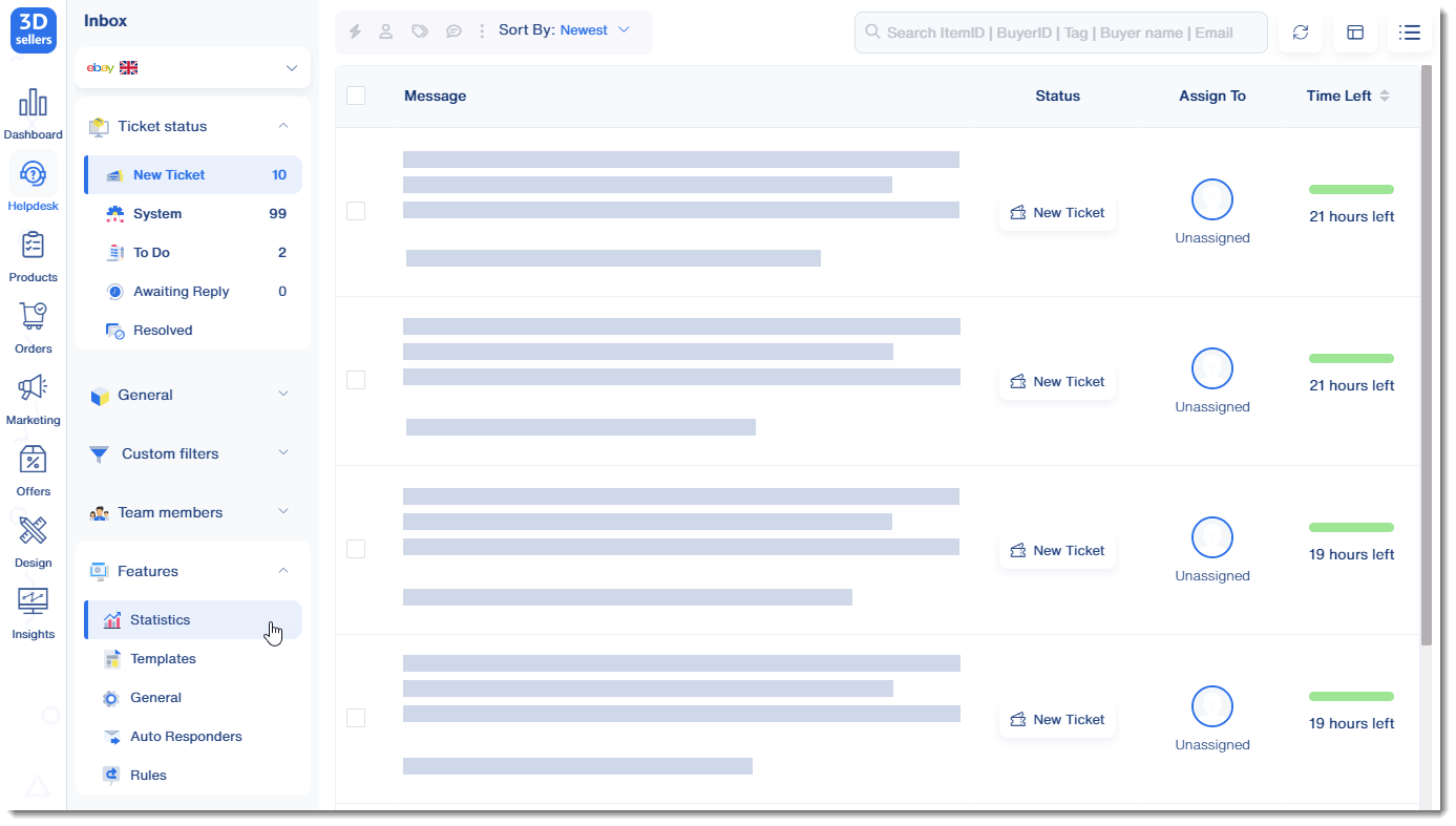 Full screenshot of the multichannel helpdesk in 3Dsellers eBay software and eCommerce Tools Platform