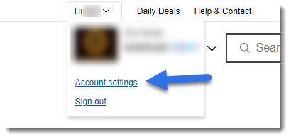 First step for how to get to eBay's block buyer settings is to navigate to eBay Account settings with the account menu