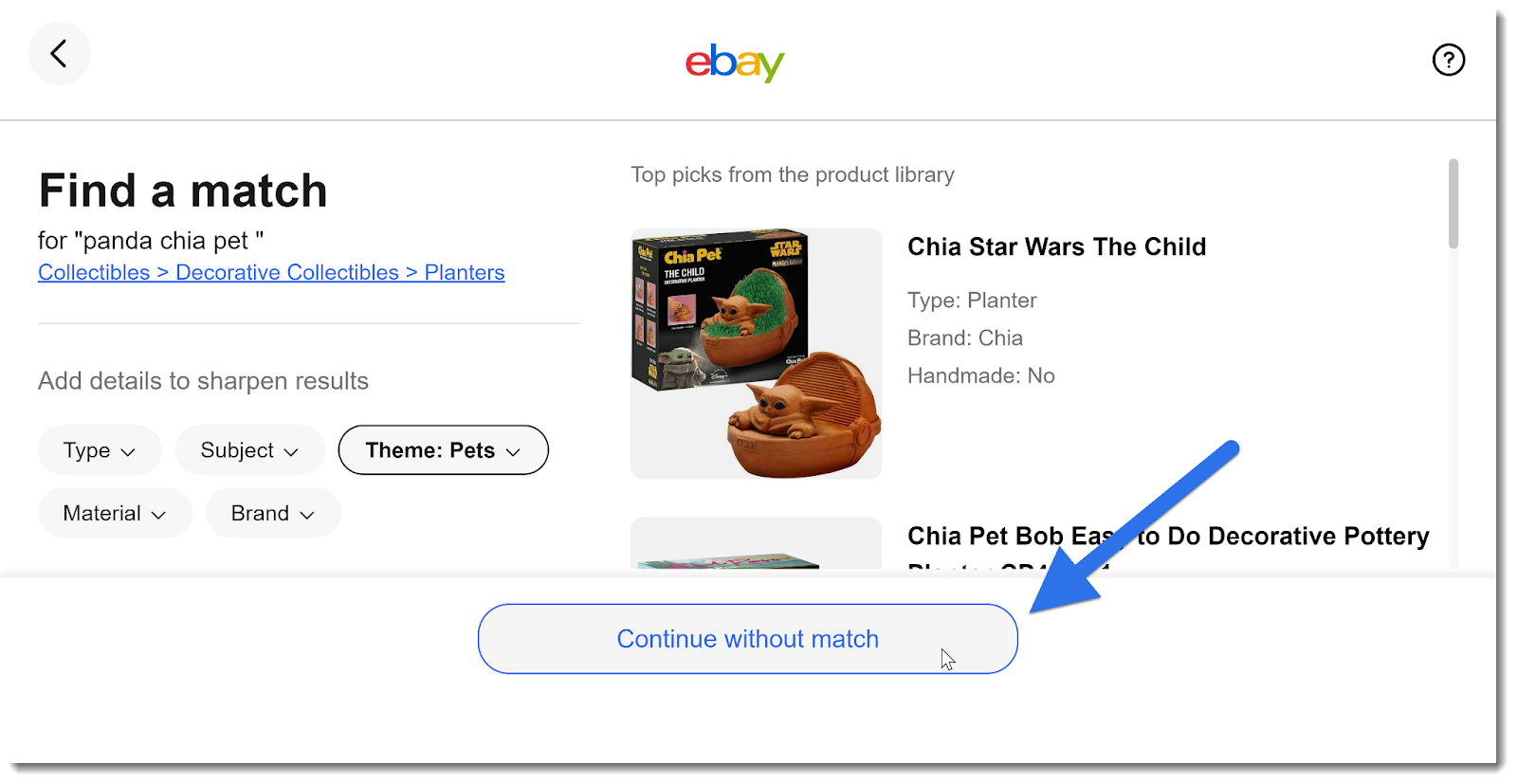 Opt out of eBay Catalog with Continue without match button