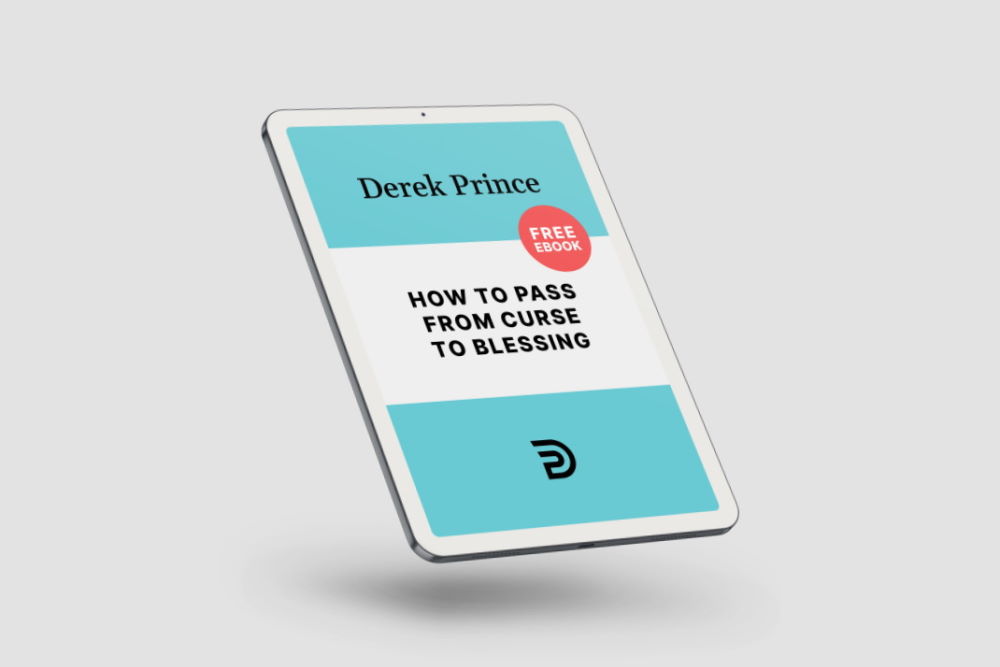 An iPad displaying a free Derek Prince eBook titled How To Pass From Curse To Blessing