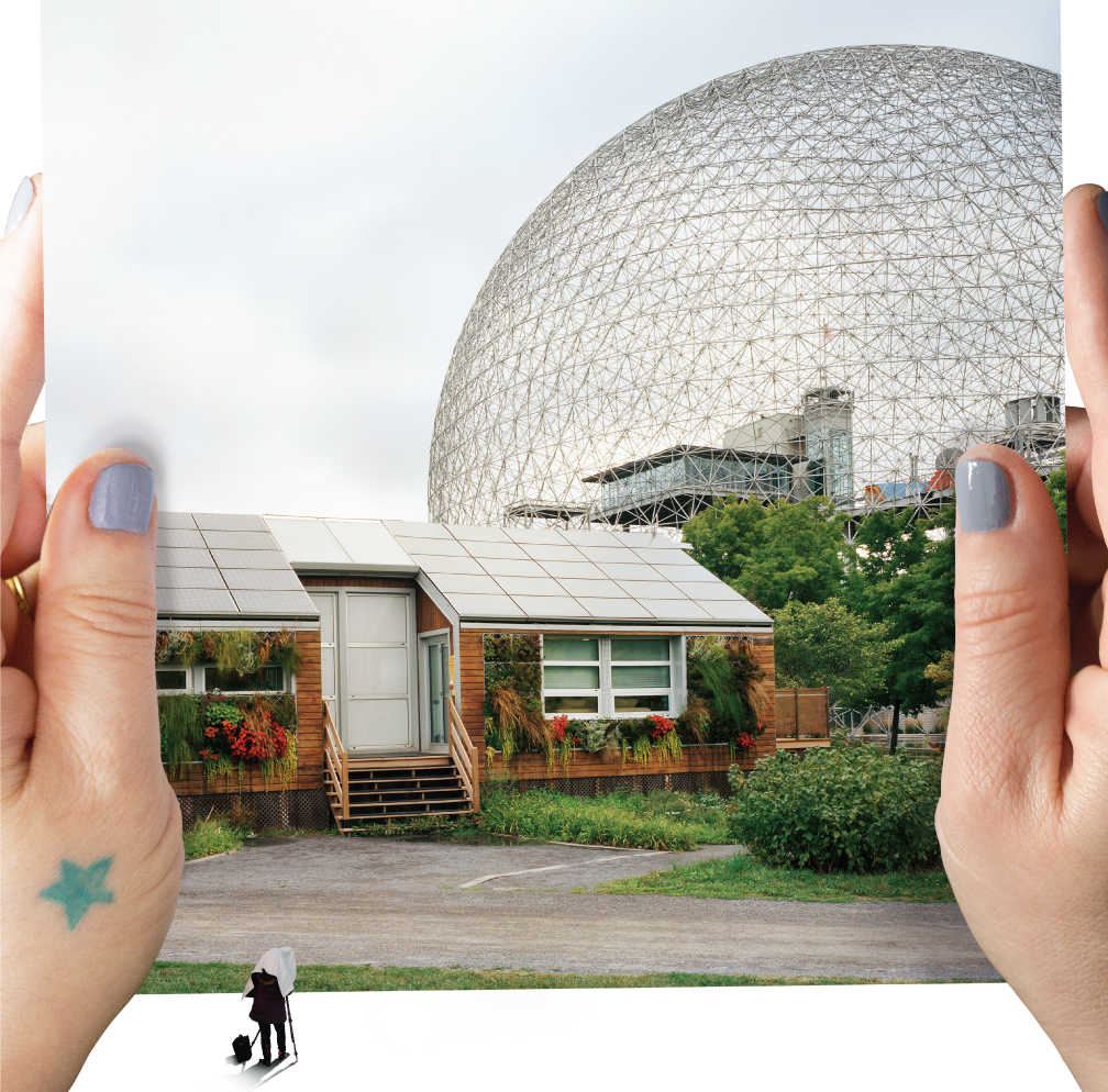 A composite photo of a pair of hands holding Jade Doskow's Man and His World, which features Buckminster Fuller's geodesic dome from the 1967 Montreal World's Fair with solar experimental house.