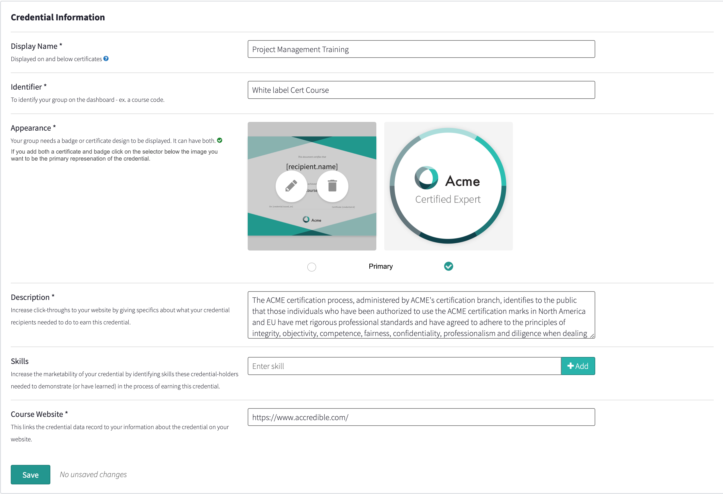 ACMS Primary Design Setting Screenshot