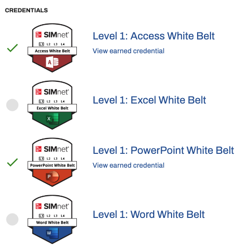 Screenshot of McGraw Hill Level 1: White Belts Collection with Access and Powerpoint Digital Badges Shown as Earned