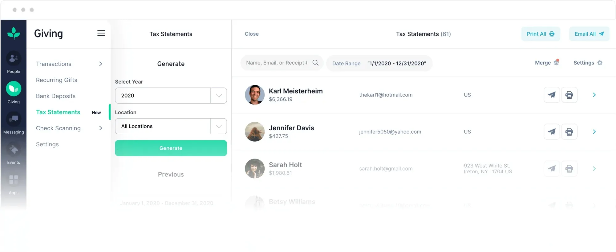 Giving app dashboard