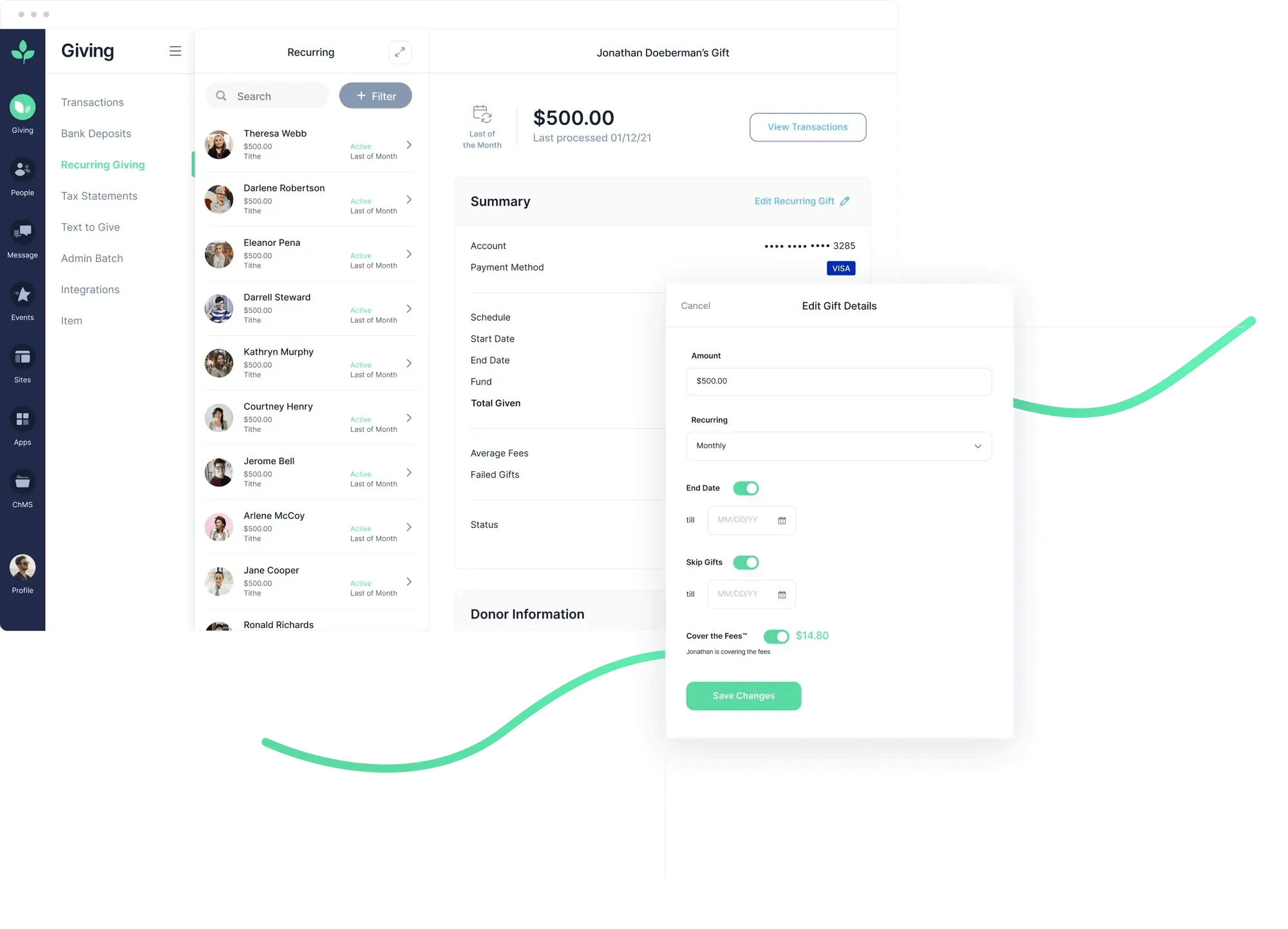 recurring gifts dashboard