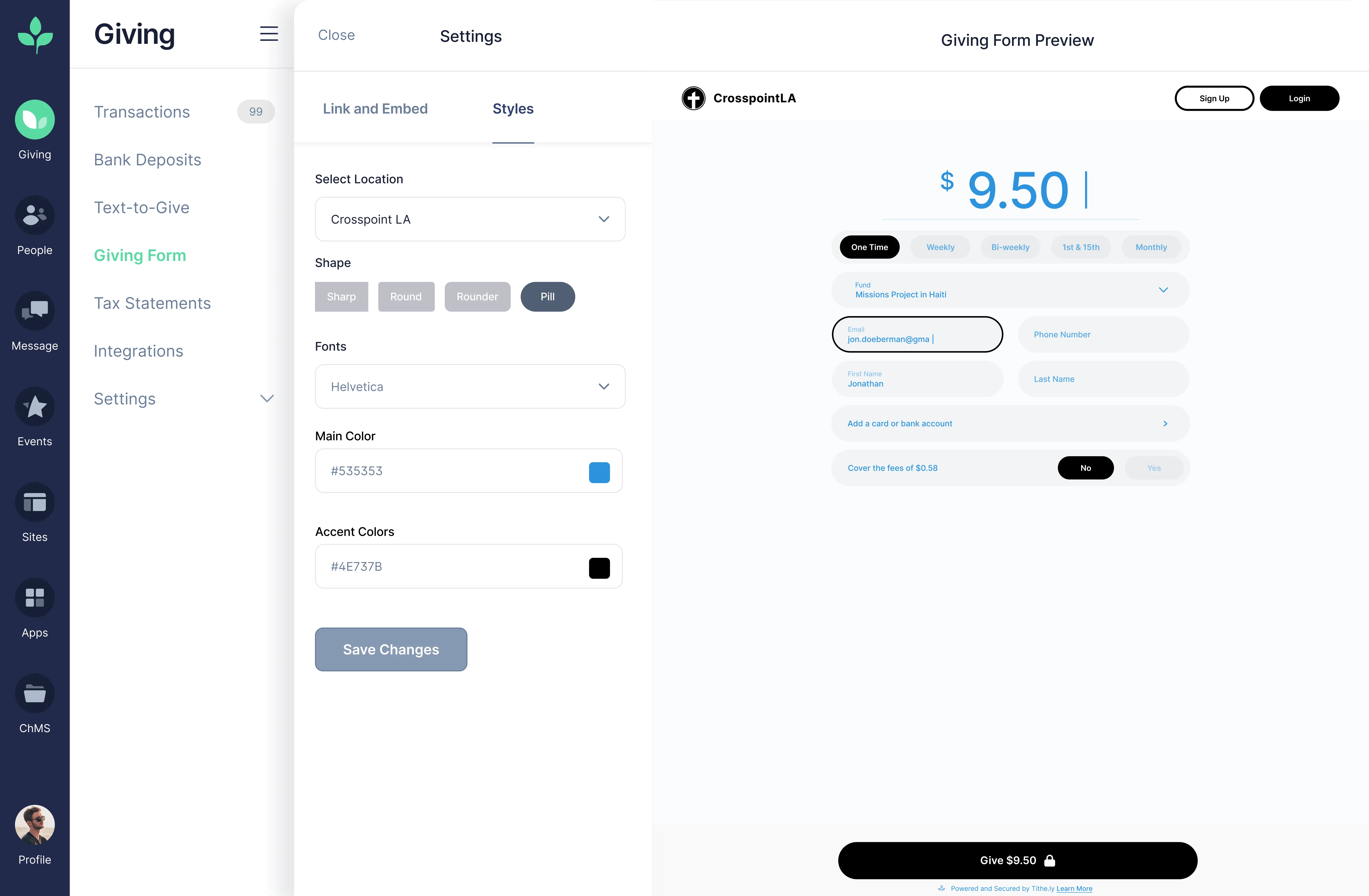 Giving App form editor