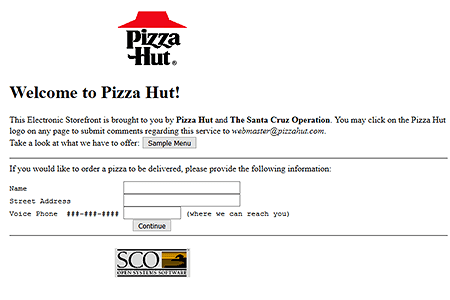 A screenshot of the Web 1.0 Pizza Hut user interface allowed customers to place an order.