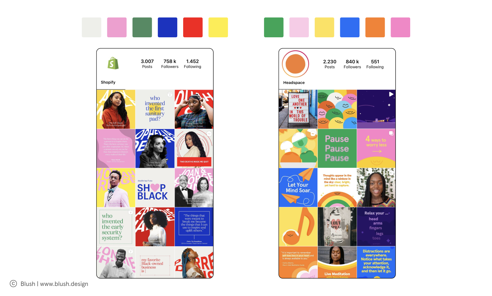 Examples of social media profiles and their color palettes