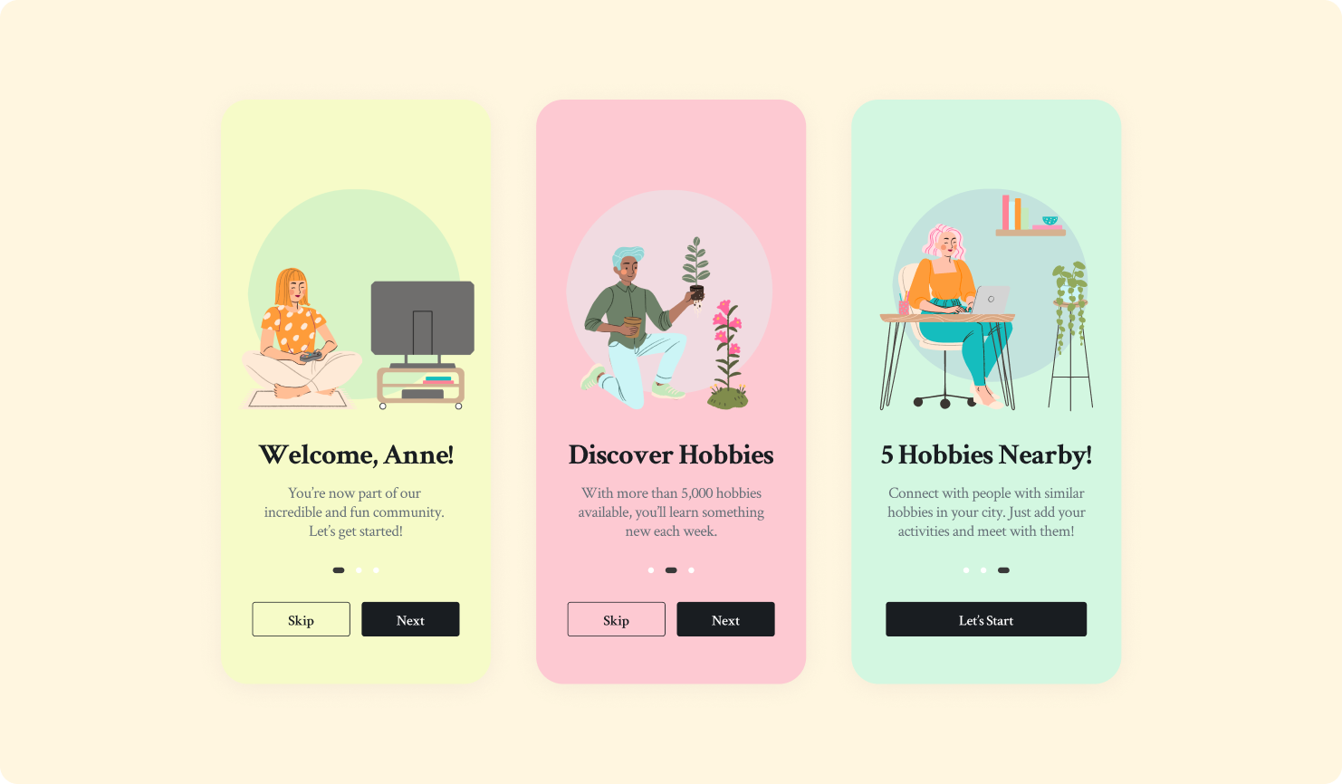 Three onboarding screens with illustrations and welcome message