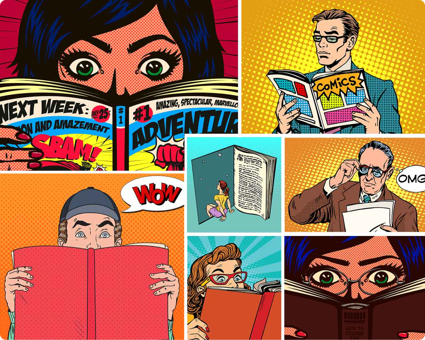 Image featuring illustrations of people reading comics