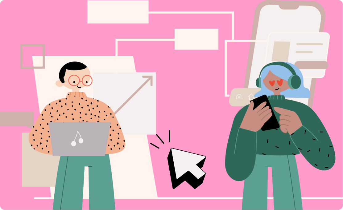 Doodle characters working on their devices